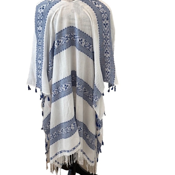 Pookie & Sebastian Caftan Cover-Up; Beach; Tassels; Fringe; White/Blue; One Size - Picture 2 of 6